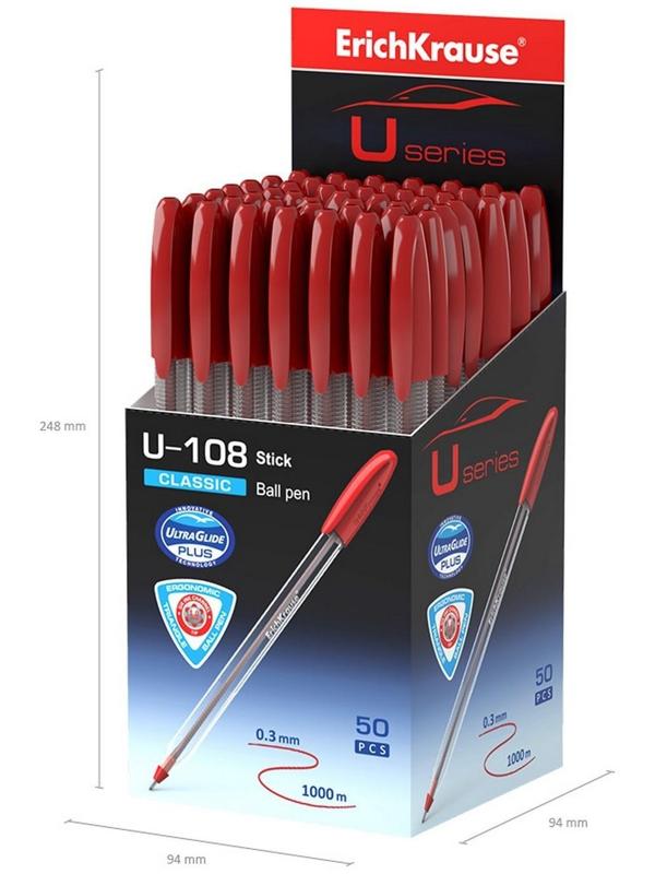 Ручка шариковая ErichKrause U-108 Classic Stick 1.0, Ultra Glide Technology, чернила красные