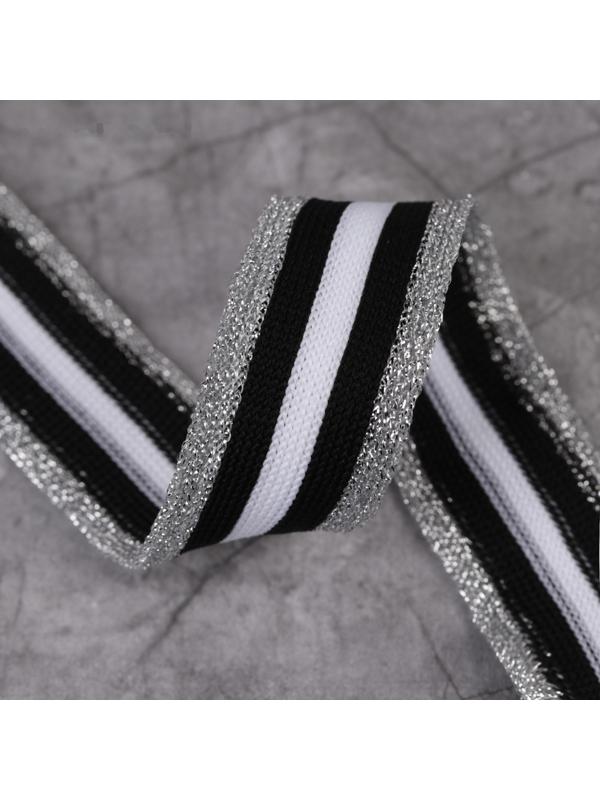 Тесьма трикотажная лампас 25 мм, 9 ± 0,5 м, цвет серебряный/чёрный/белый