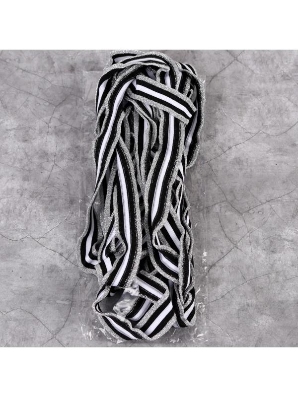 Тесьма трикотажная лампас 25 мм, 9 ± 0,5 м, цвет серебряный/чёрный/белый