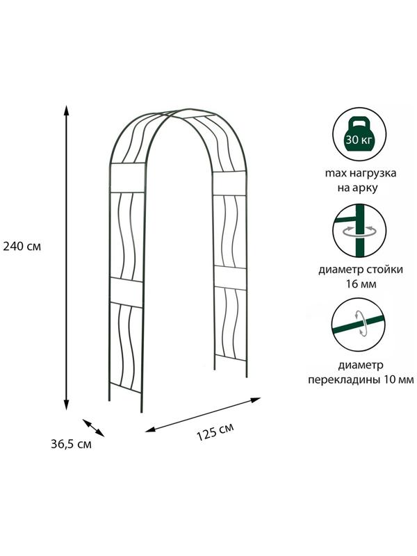 Арка садовая, разборная, 240 × 125 × 36,5 см, металл, зелёная, «Волна»