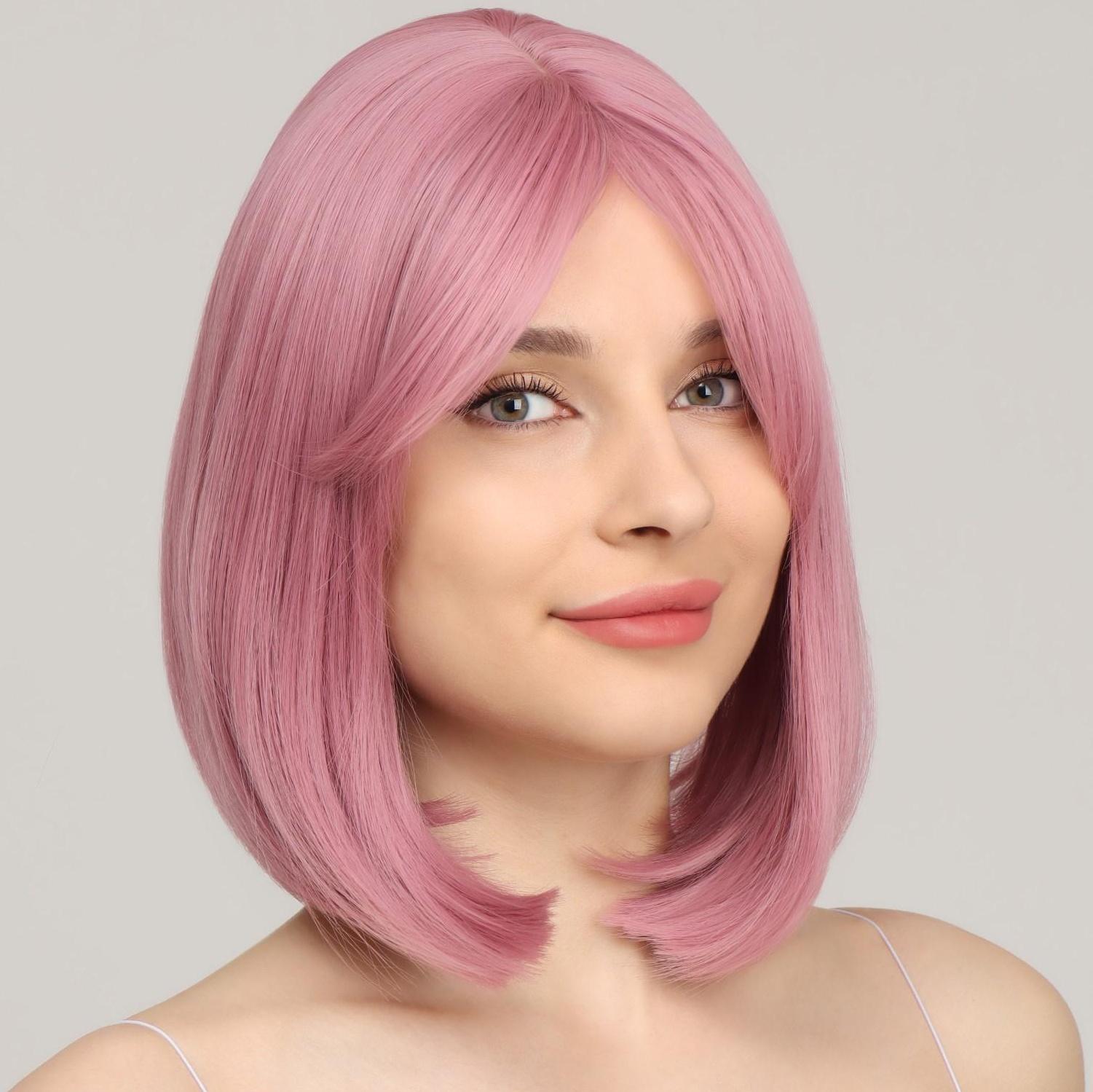 Парик искусственный, с чёлкой, имитация кожи, 30 см, 160 гр, цвет пепельно-розовый(#SHT608)