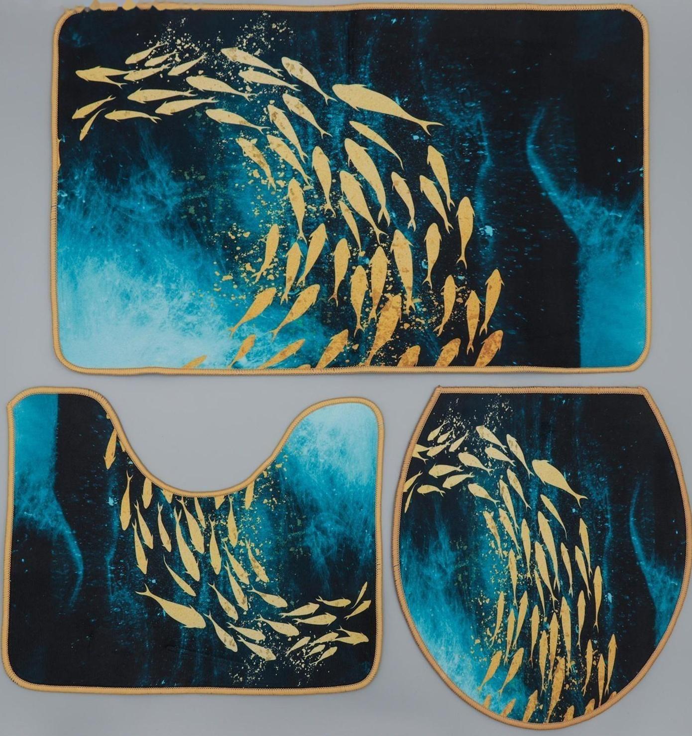 Набор ковриков для ванной и туалета Доляна «Рыбки», 3 шт: 50×80, 50×40, 40×43 см