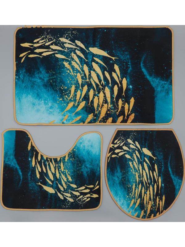 Набор ковриков для ванной и туалета Доляна «Рыбки», 3 шт: 50×80, 50×40, 40×43 см