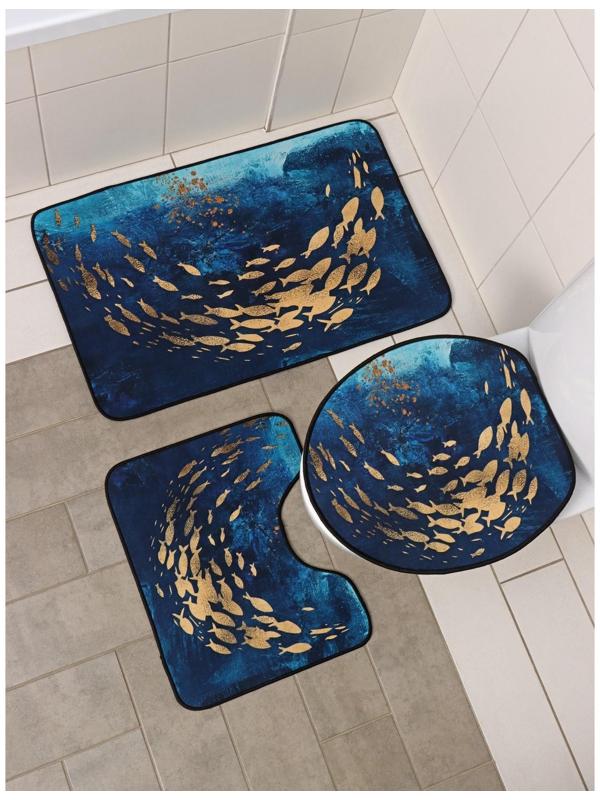 Набор ковриков для ванной и туалета Доляна «Рыбки», 3 шт: 50×80, 50×40, 40×43 см