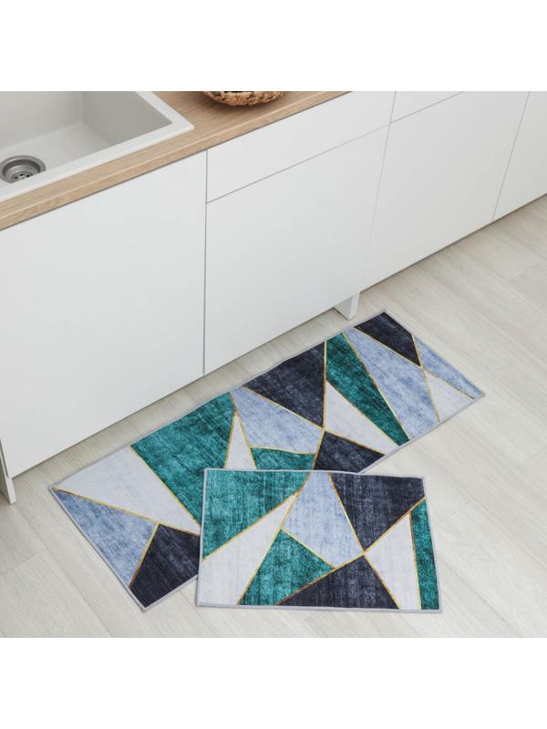 Набор ковриков для ванной и туалета Доляна «Геометрик», 2 шт: 45×120 см, 40×60 см, цвет зелёно-серый