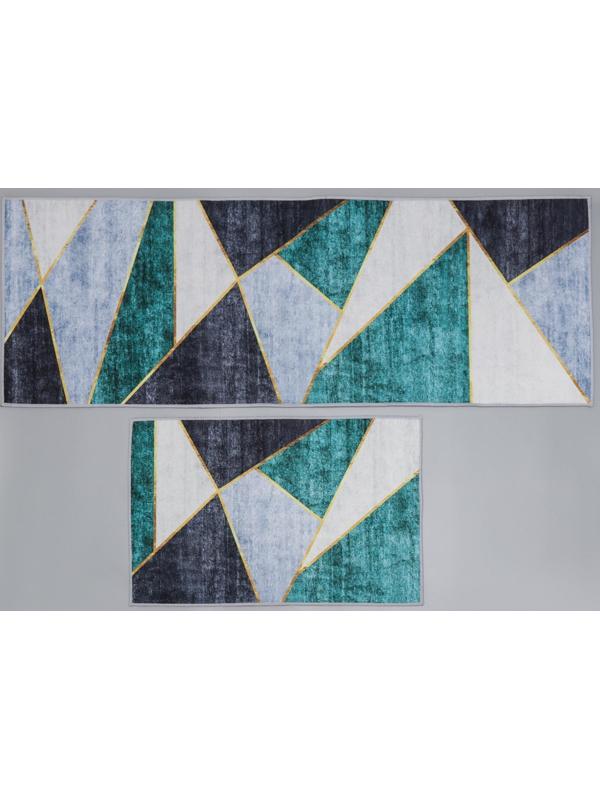 Набор ковриков для ванной и туалета Доляна «Геометрик», 2 шт: 45×120 см, 40×60 см, цвет зелёно-серый
