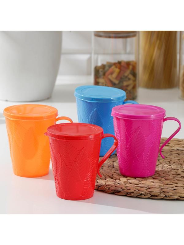 Кружка с крышкой «Листья», 400 мл, 11,5×8,5×11 см, цвет МИКС