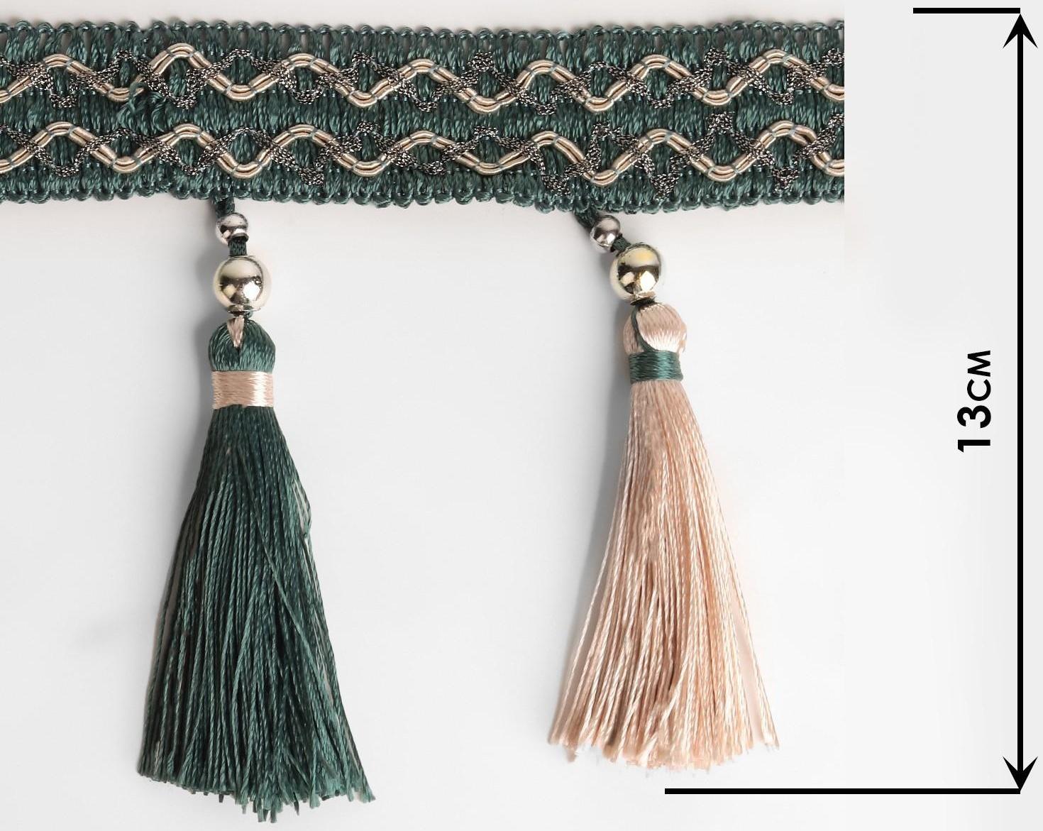 Тесьма с бусинками, 13 см, 5 ± 0,5 м, цвет изумрудный/бежевый