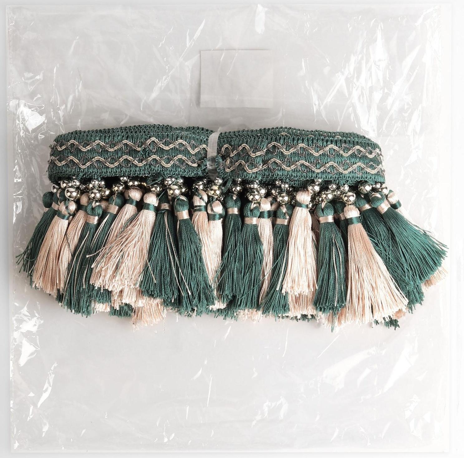 Тесьма с бусинками, 13 см, 5 ± 0,5 м, цвет изумрудный/бежевый