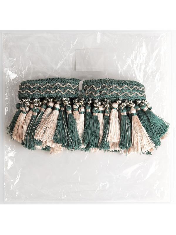 Тесьма с бусинками, 13 см, 5 ± 0,5 м, цвет изумрудный/бежевый