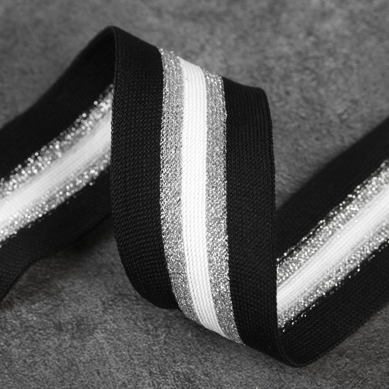 Тесьма трикотажная лампас 40 мм, 9 ± 0,5 м, цвет чёрный/серебряный/белый