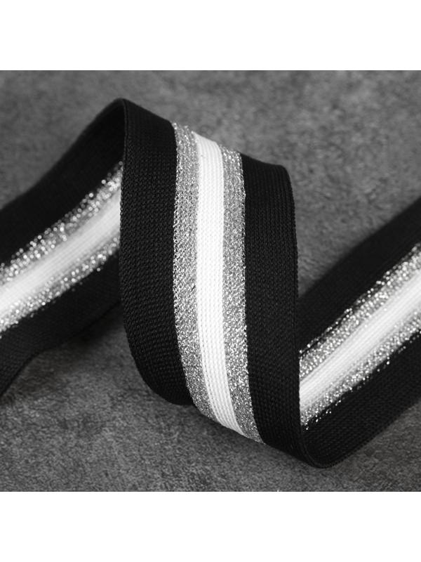 Тесьма трикотажная лампас 40 мм, 9 ± 0,5 м, цвет чёрный/серебряный/белый