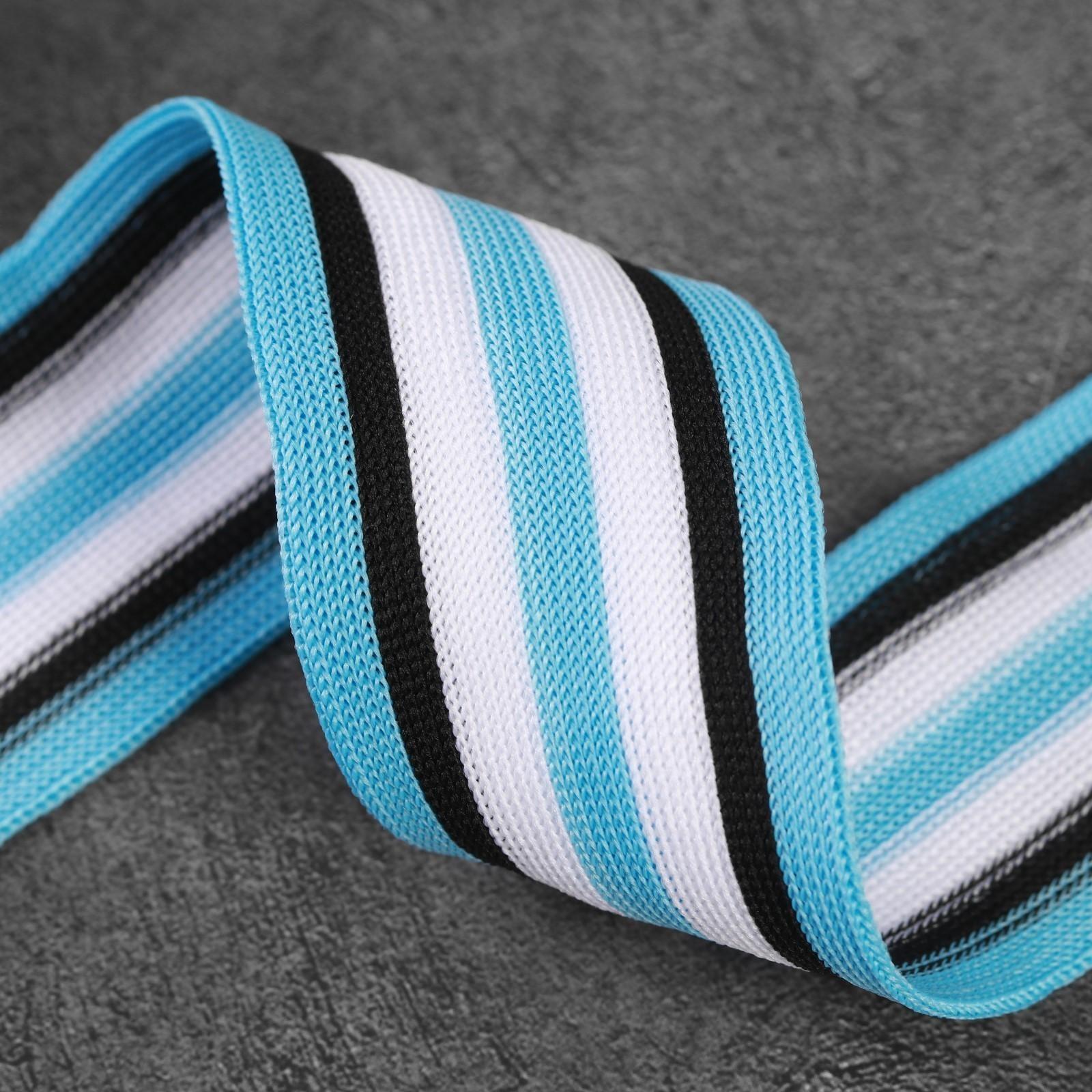 Тесьма трикотажная лампас 40 мм, 9 ± 0,5 м, цвет голубой/чёрный/белый