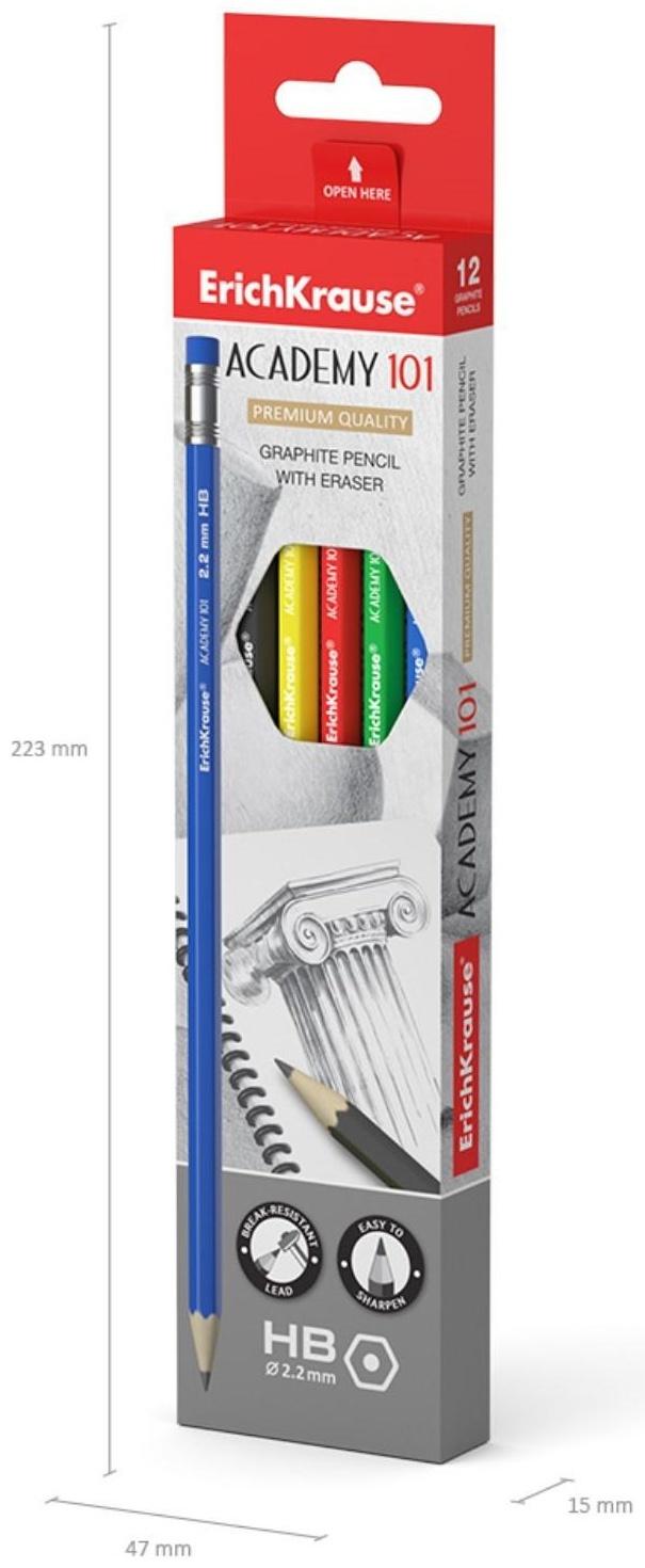 Карандаш чернографитный с ластиком ErichKrause Academy (простой), HB, грифель d 2.2 мм, шестигранный, из отборной древесины, микс