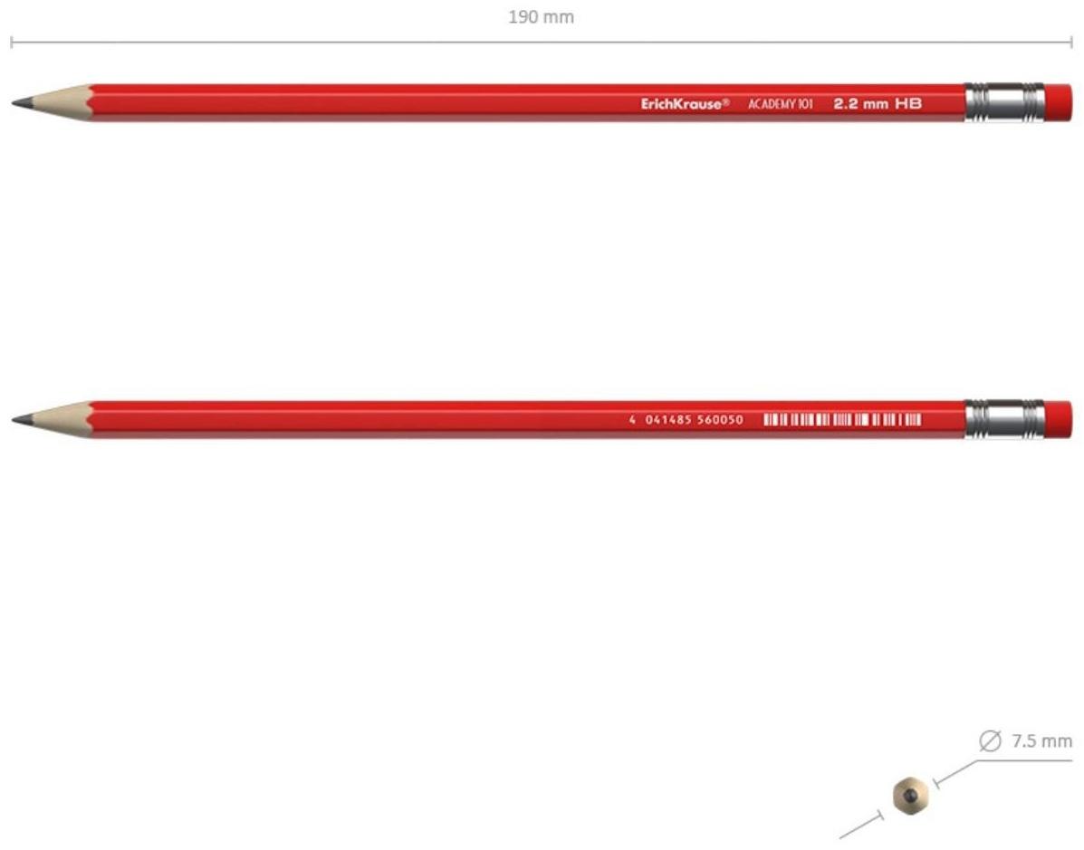 Карандаш чернографитный с ластиком ErichKrause Academy (простой), HB, грифель d 2.2 мм, шестигранный, из отборной древесины, микс