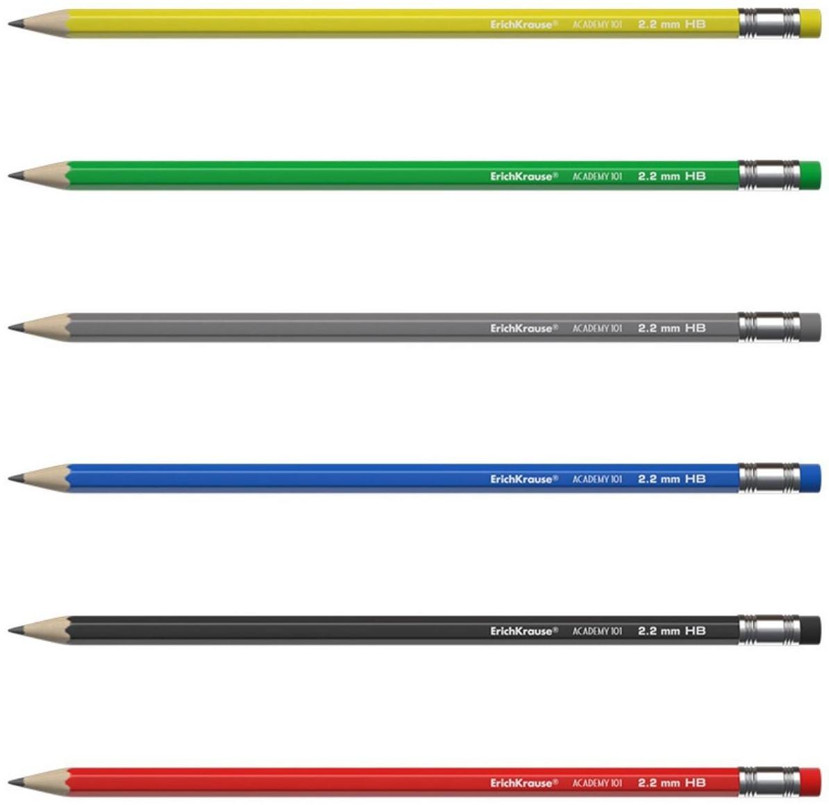 Карандаш чернографитный с ластиком ErichKrause Academy (простой), HB, грифель d 2.2 мм, шестигранный, из отборной древесины, микс