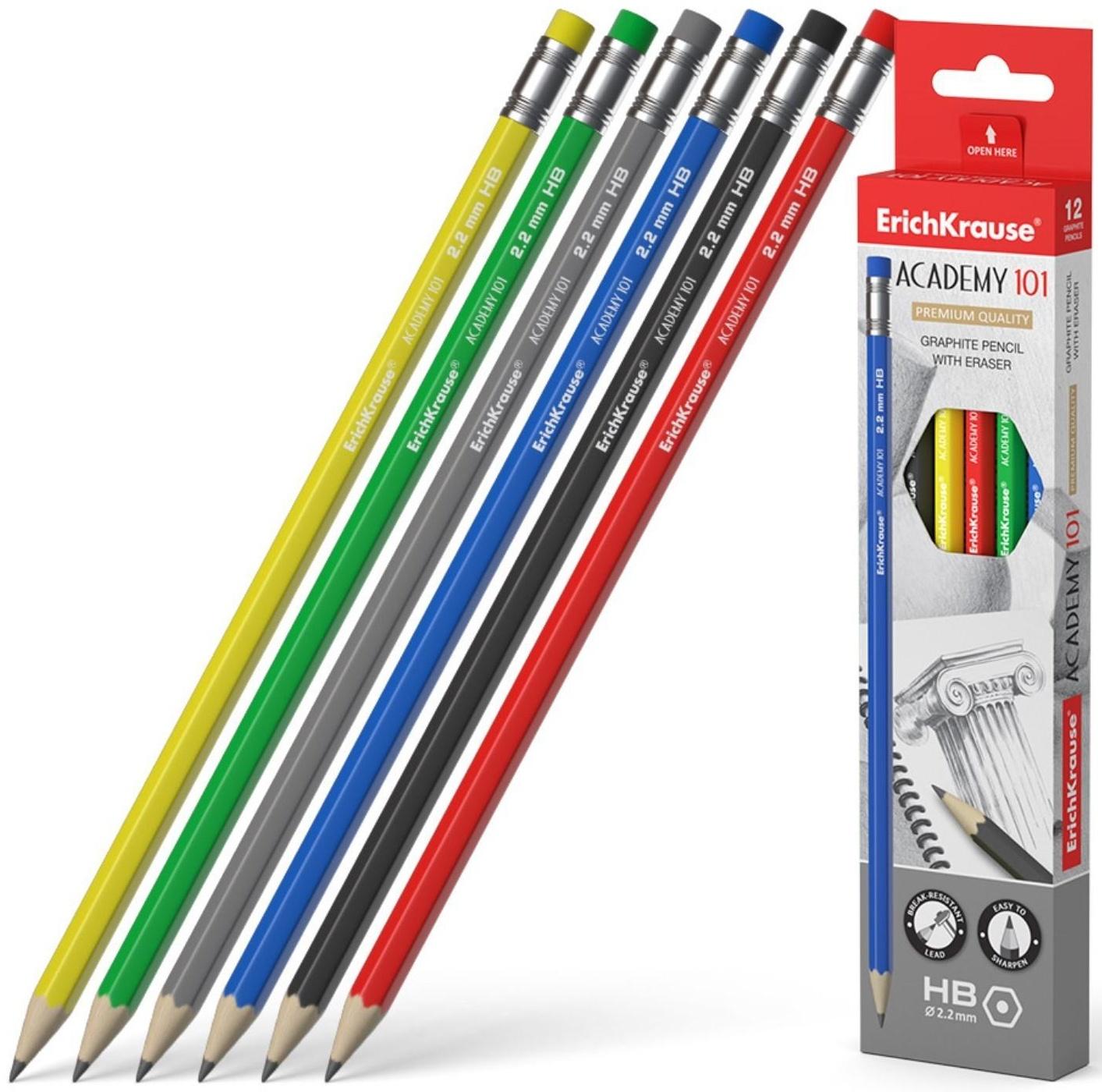 Карандаш чернографитный с ластиком ErichKrause Academy (простой), HB, грифель d 2.2 мм, шестигранный, из отборной древесины, микс
