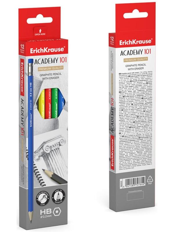 Карандаш чернографитный с ластиком ErichKrause Academy (простой), HB, грифель d 2.2 мм, шестигранный, из отборной древесины, микс