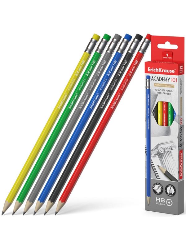 Карандаш чернографитный с ластиком ErichKrause Academy (простой), HB, грифель d 2.2 мм, шестигранный, из отборной древесины, микс
