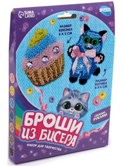 Вышивка бисером «Котик с кексиком», брошь