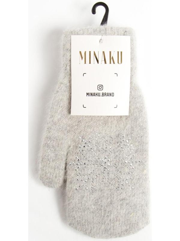 Варежки женские MINAKU однотонные со стразами, р-р 23 см, цв.светло-серый