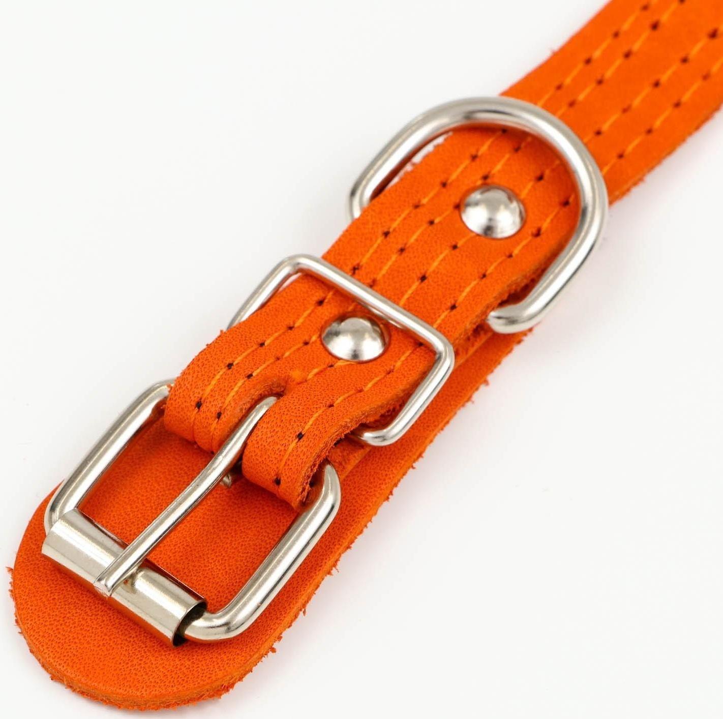 Ошейник кожаный  с язычком прошитый, 2 х 40 см, ОШ 25-35 см , рыжий