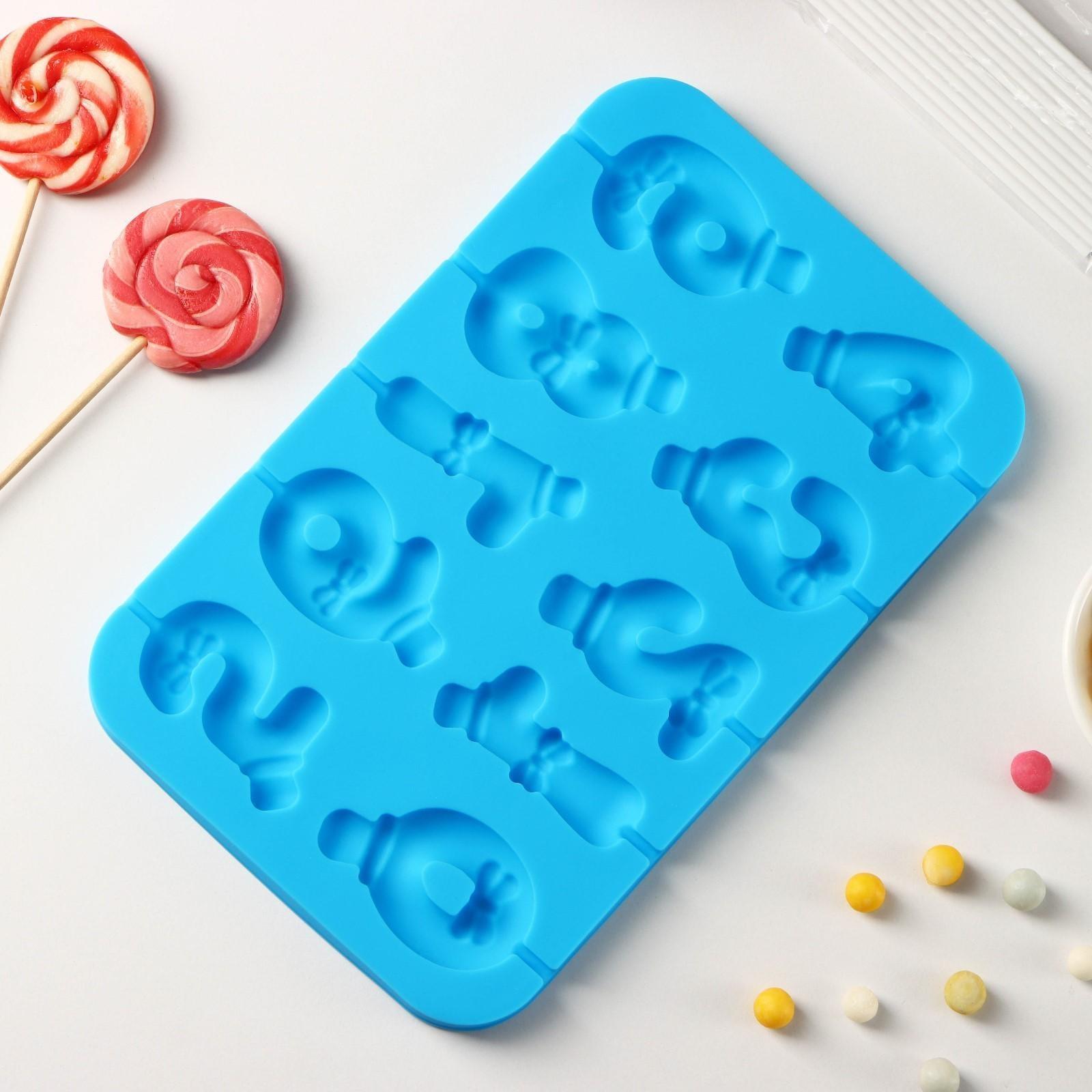 Форма для леденцов Доляна «Цифры-мальчики», 22×14×1 см, 10 ячеек (5,5×3,5 см), с палочками, цвет синий