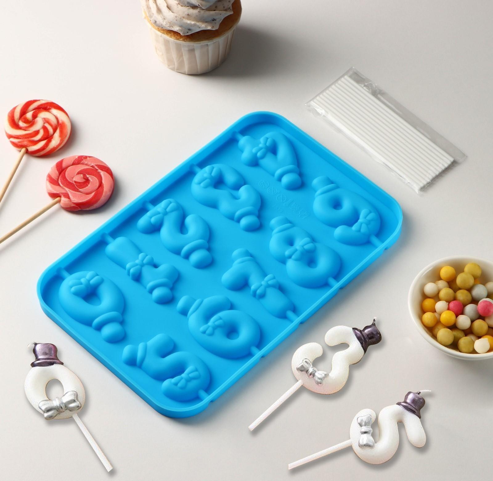 Форма для леденцов Доляна «Цифры-мальчики», 22×14×1 см, 10 ячеек (5,5×3,5 см), с палочками, цвет синий