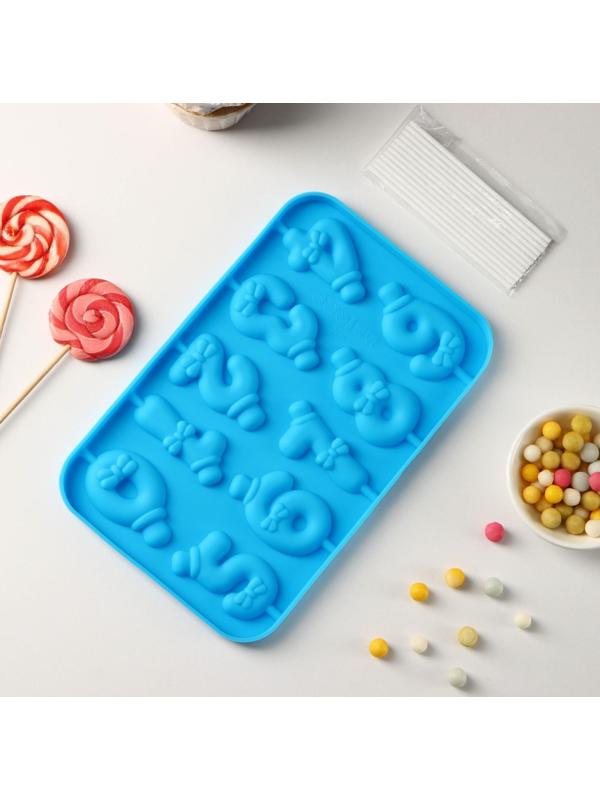 Форма для леденцов Доляна «Цифры-мальчики», 22×14×1 см, 10 ячеек (5,5×3,5 см), с палочками, цвет синий