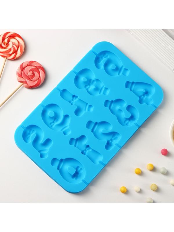 Форма для леденцов Доляна «Цифры-мальчики», 22×14×1 см, 10 ячеек (5,5×3,5 см), с палочками, цвет синий