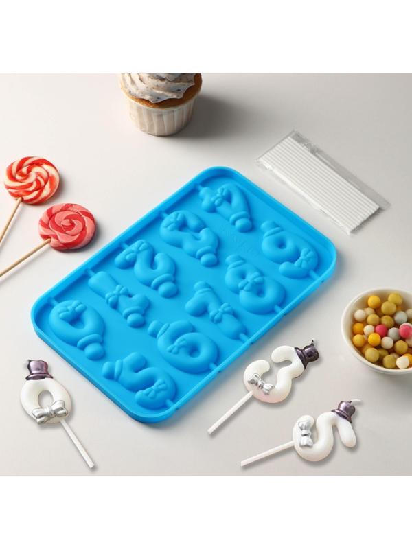 Форма для леденцов Доляна «Цифры-мальчики», 22×14×1 см, 10 ячеек (5,5×3,5 см), с палочками, цвет синий