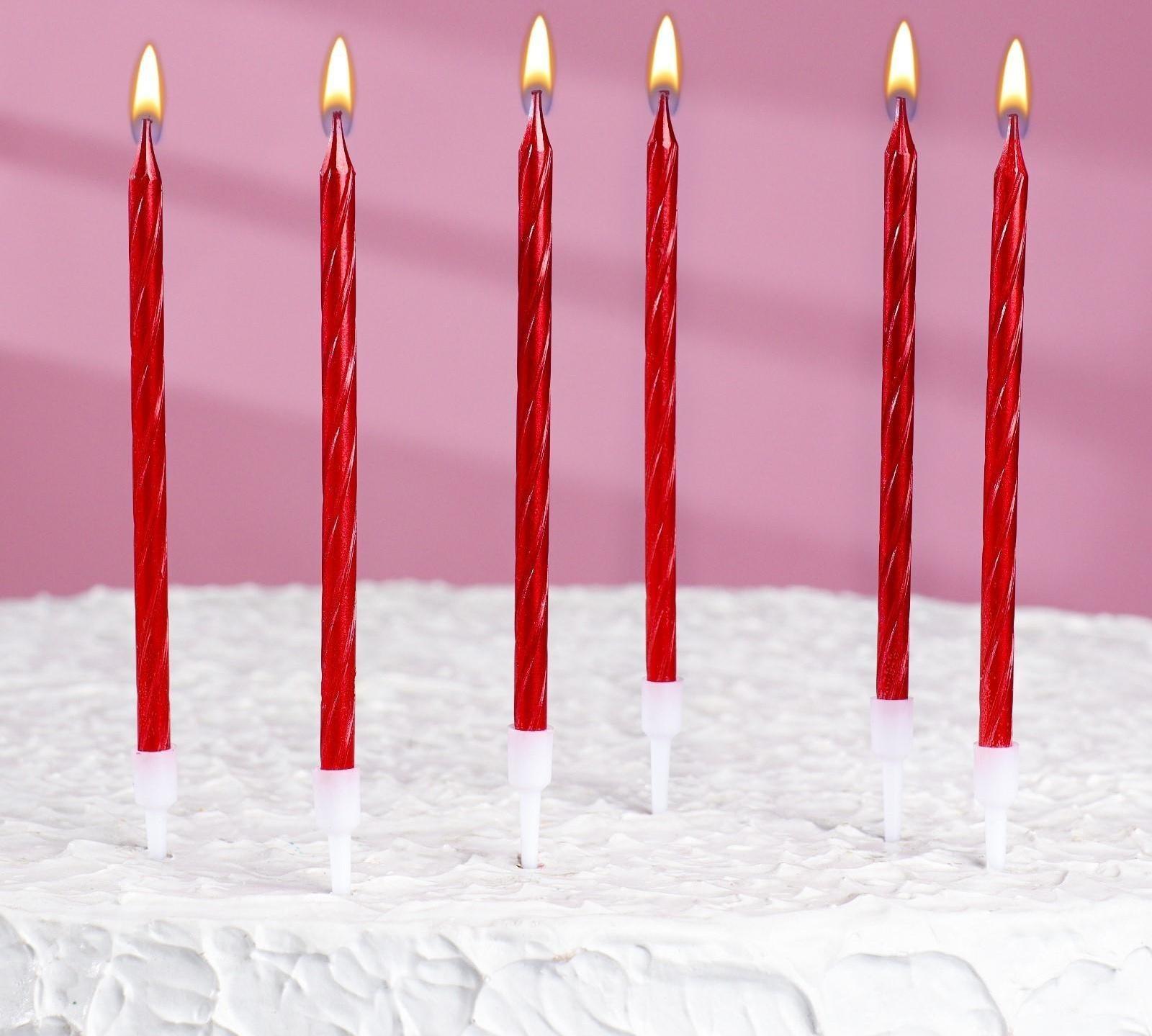 Свечи в торт витые с подставкой, 6 шт, 14 см, рубиновые