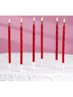 Свечи в торт витые с подставкой, 6 шт, 14 см, рубиновые