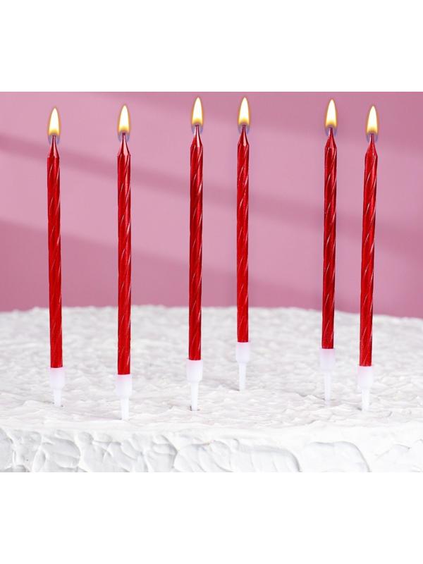 Свечи в торт витые с подставкой, 6 шт, 14 см, рубиновые