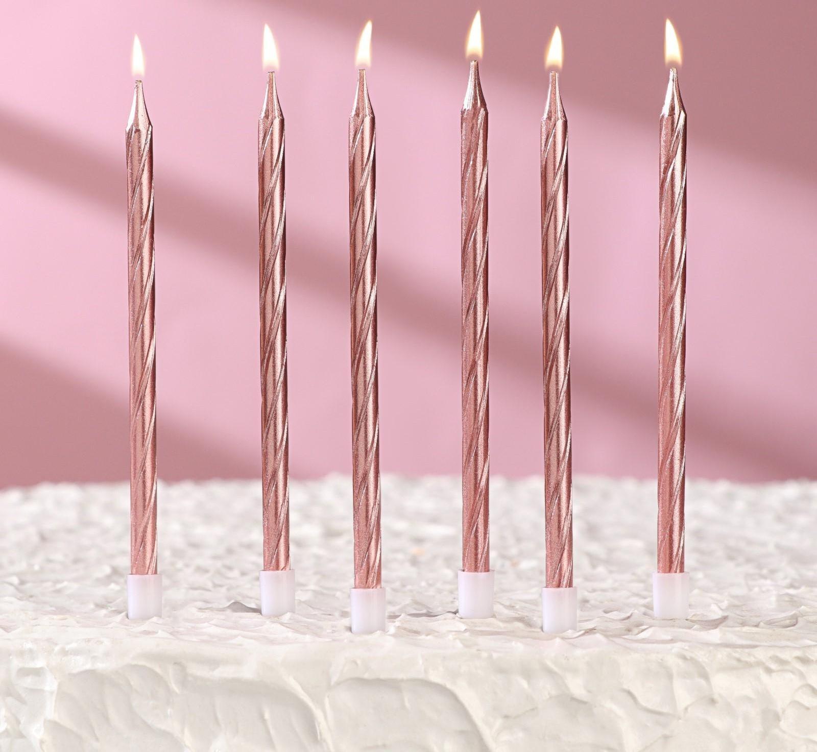Свечи в торт витые с подставкой, 6 шт, 14 см, розовый блик
