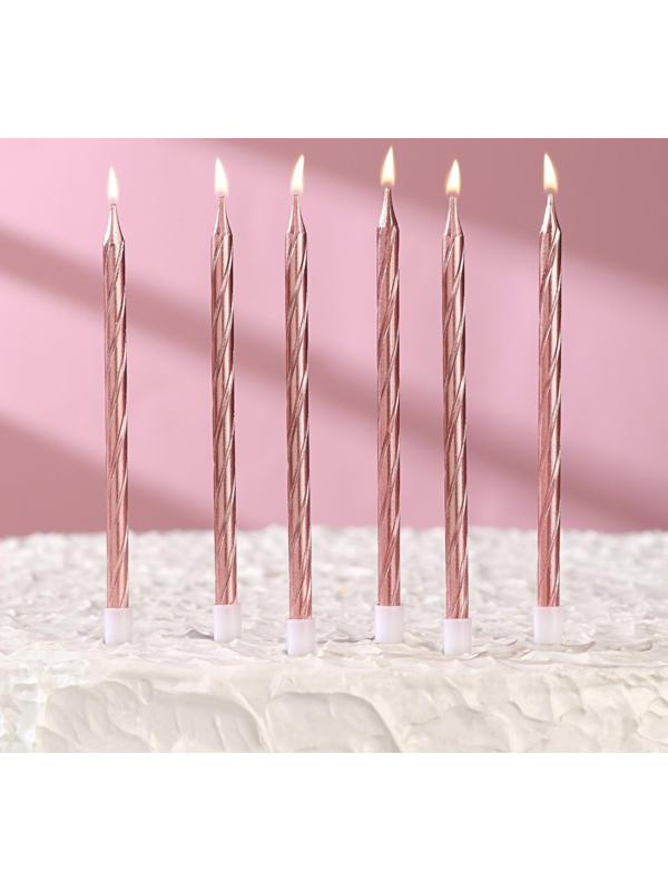 Свечи в торт витые с подставкой, 6 шт, 14 см, розовый блик