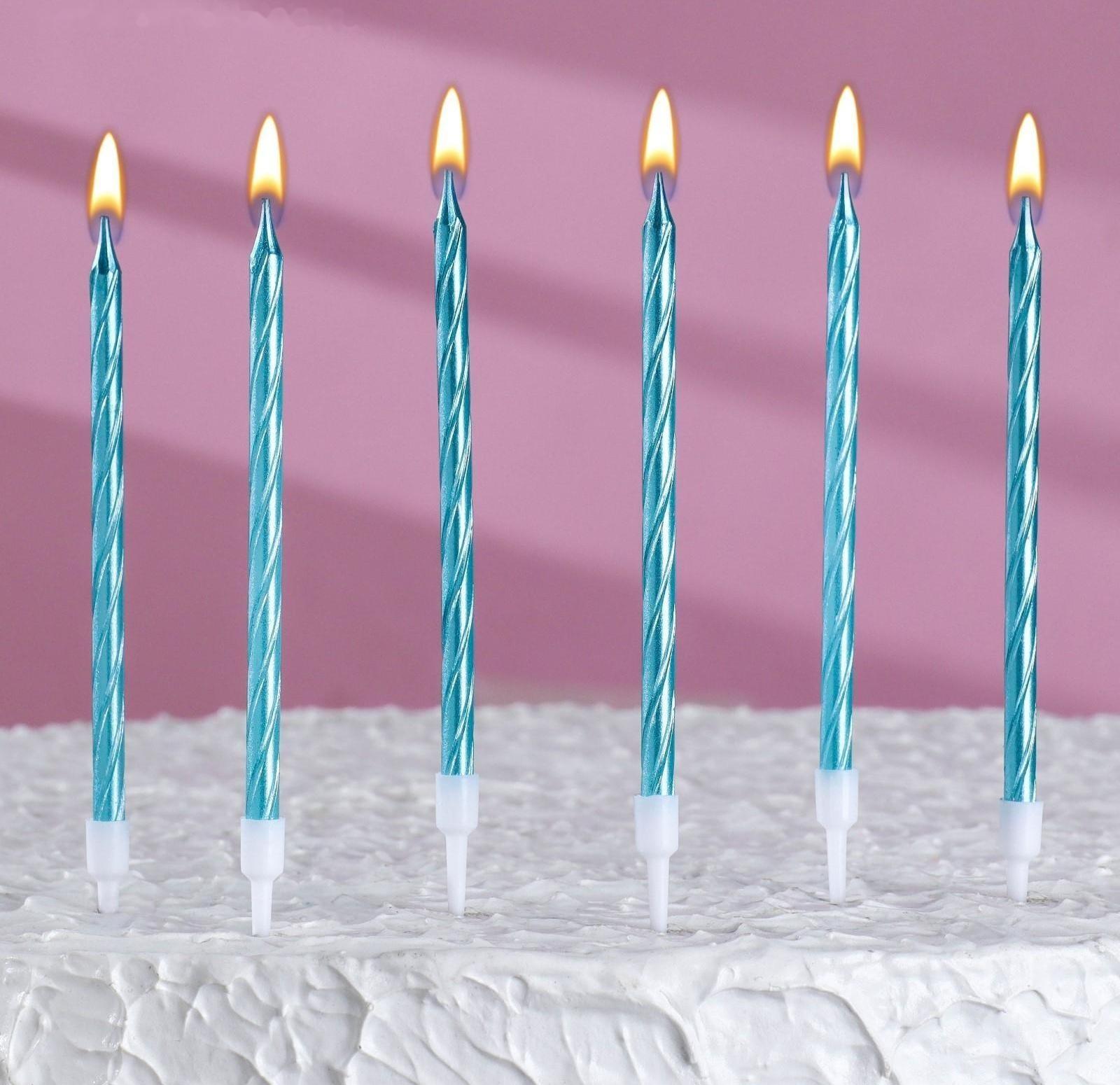 Свечи в торт витые с подставкой, 6 шт, 14 см, небесно-голубой