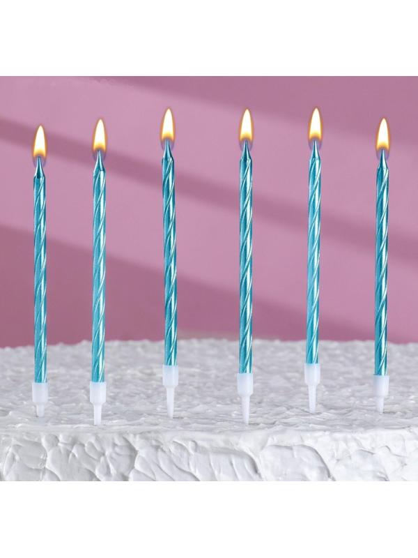 Свечи в торт витые с подставкой, 6 шт, 14 см, небесно-голубой