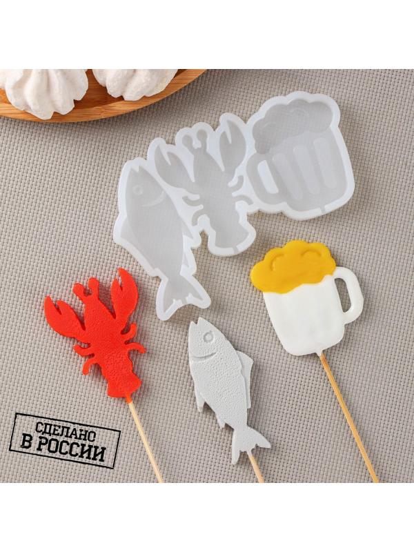 Силиконовая форма «Пивной набор», 13,5×8,5×0,9 см, рыба 7,5×3 см, кружка 6×5 см, рак 6,5×5 см, цвет прозрачный