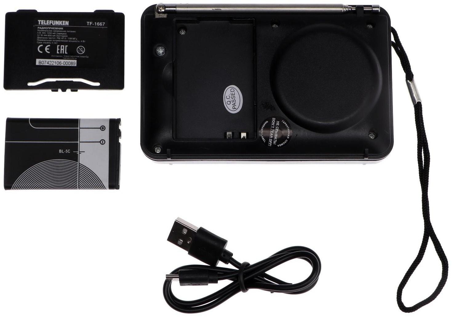 Радиоприемник Telefunken TF-1667, FM+ 87.5 МГц - 108 МГц, MP3, USB, microSD,800 мАч, чёрный