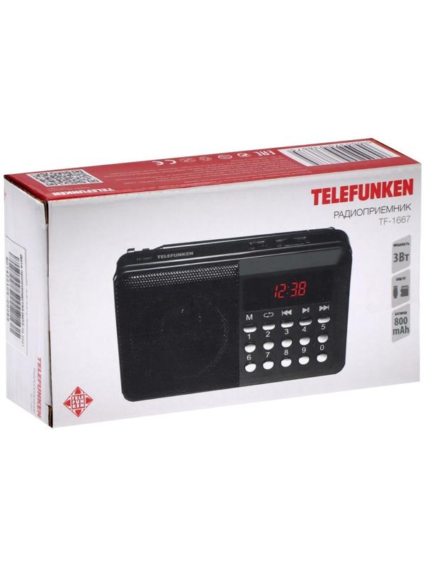 Радиоприемник Telefunken TF-1667, FM+ 87.5 МГц - 108 МГц, MP3, USB, microSD,800 мАч, чёрный