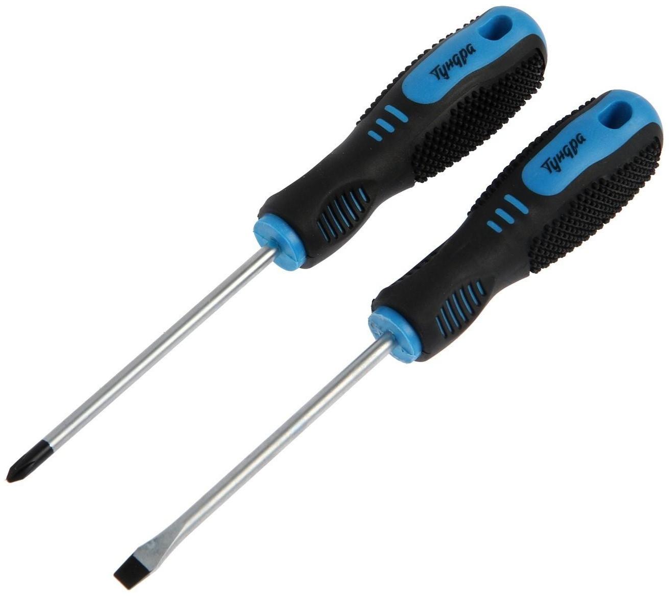 Набор отверток ТУНДРА, CrV, хром, магнит, 2К рукоятки, PH1 и SL5 х 100 мм, 2 шт.