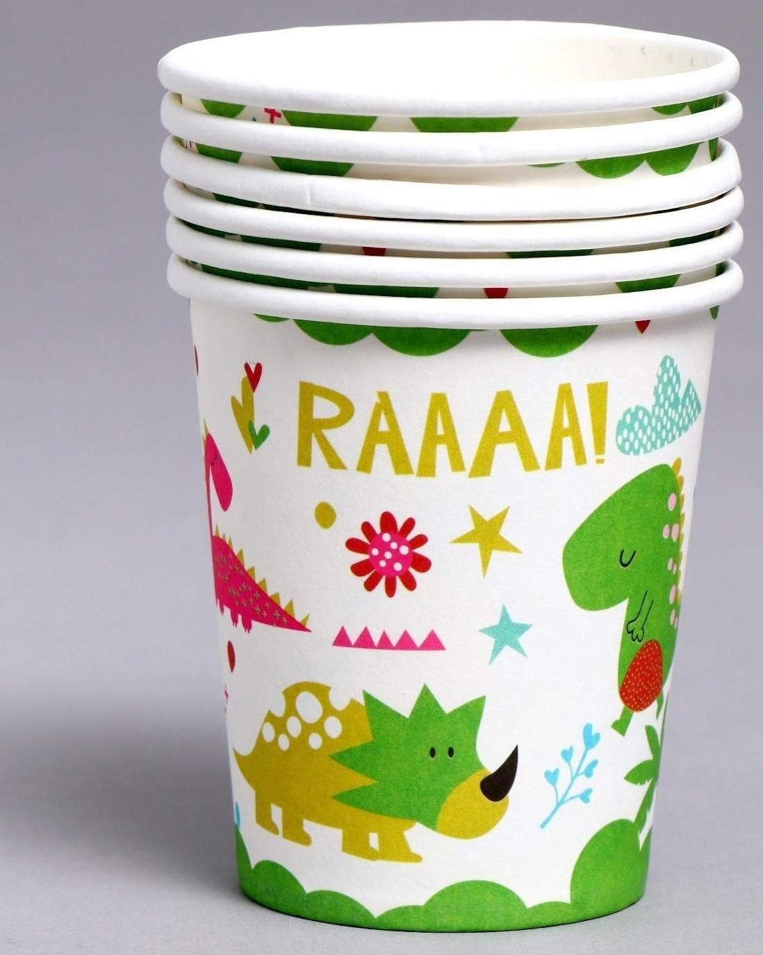 Стаканы бумажные «Динозавры», в наборе 6 штук
