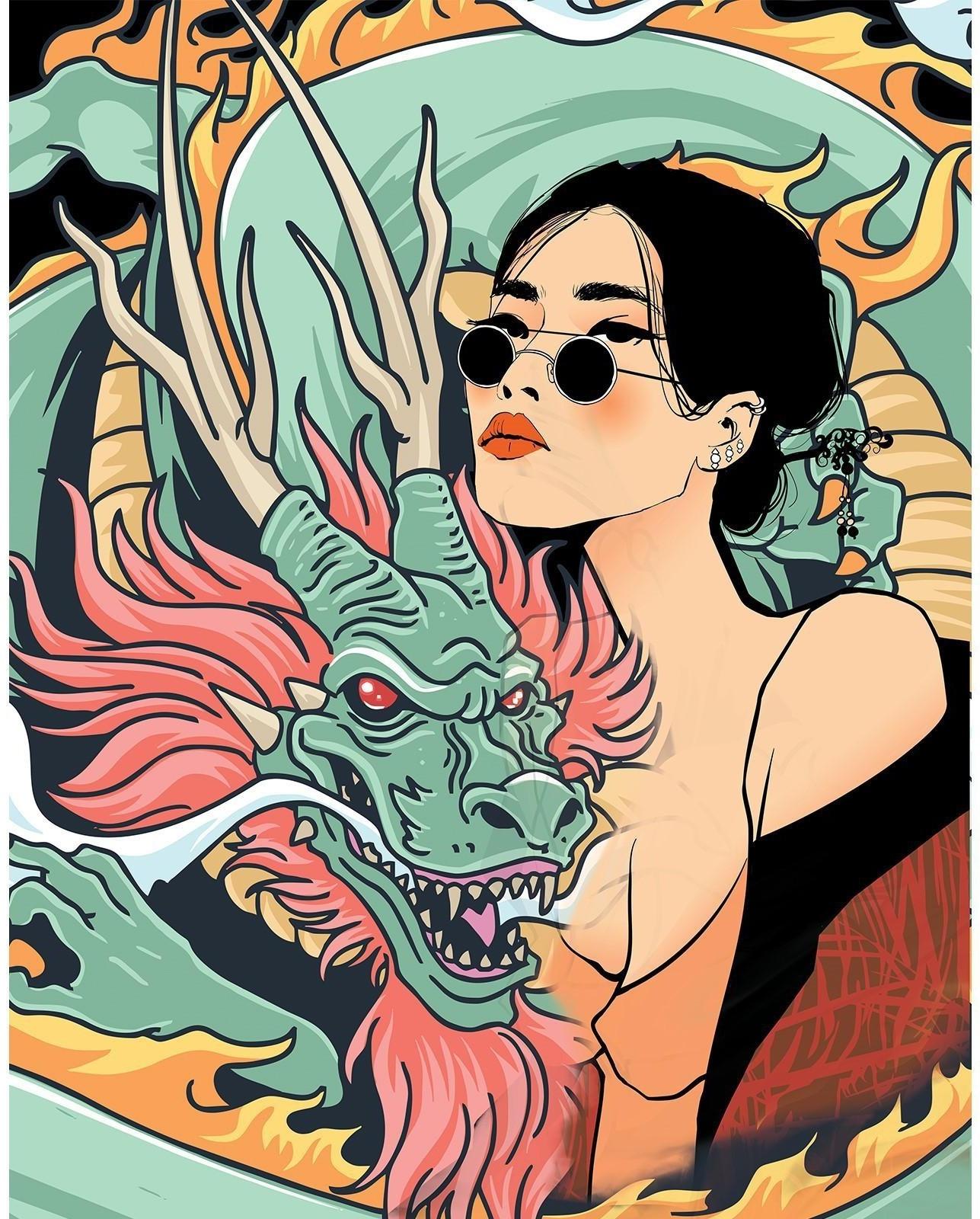 Картина по номерам на холсте с подрамником «Девушка с драконом» 40х50 см