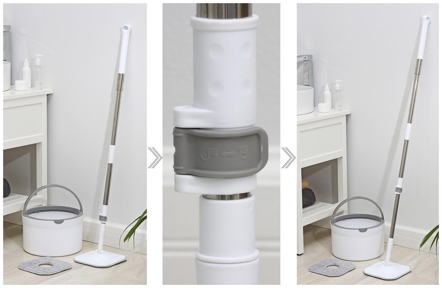 Швабра с отжимом и ведро с подачей воды Raccoon, 31×31×18 см, квадратная швабра 21×21×134 см, 2 насадки из микрофибры, цвет серый