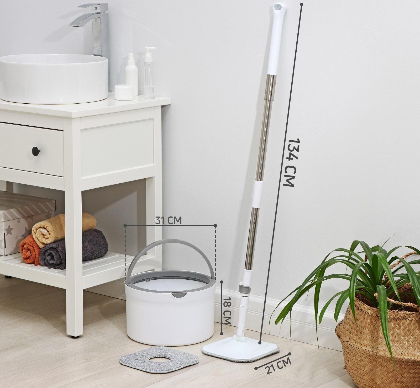 Швабра с отжимом и ведро с подачей воды Raccoon, 31×31×18 см, квадратная швабра 21×21×134 см, 2 насадки из микрофибры, цвет серый