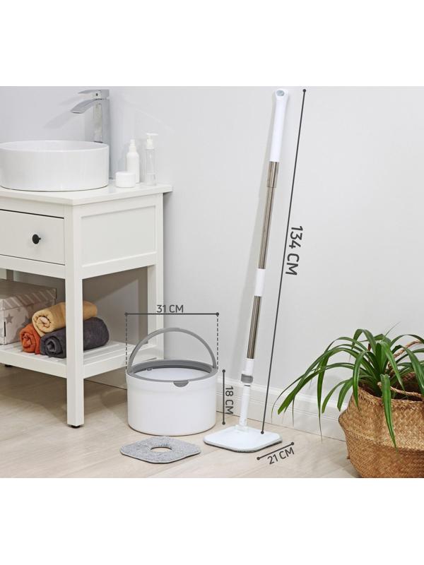 Швабра с отжимом и ведро с подачей воды Raccoon, 31×31×18 см, квадратная швабра 21×21×134 см, 2 насадки из микрофибры, цвет серый