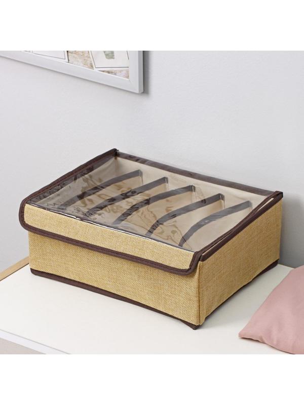 Органайзер для хранения белья с прозрачной крышкой Доляна «Тео», 6 отделений, 32×23×12 см, цвет бежево-коричневый