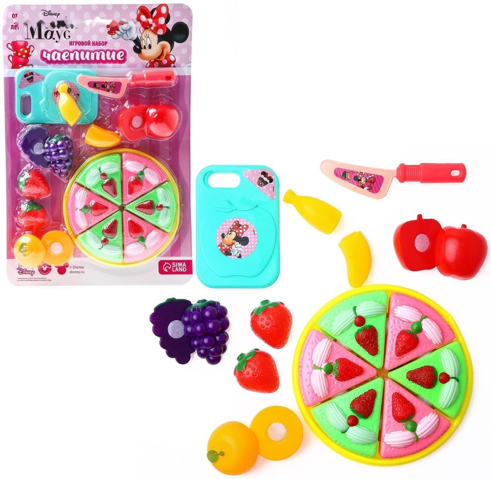Игровой набор «Чаепитие», Минни Маус, тортик и фрукты на липучках