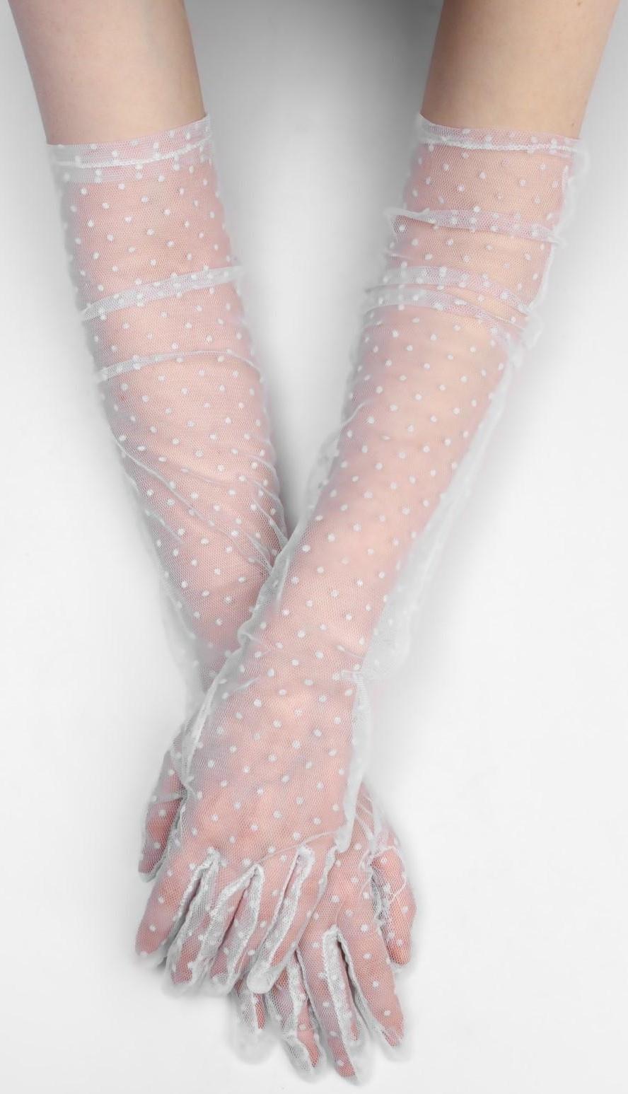 Карнавальные перчатки, цвет белый в горох, длинные